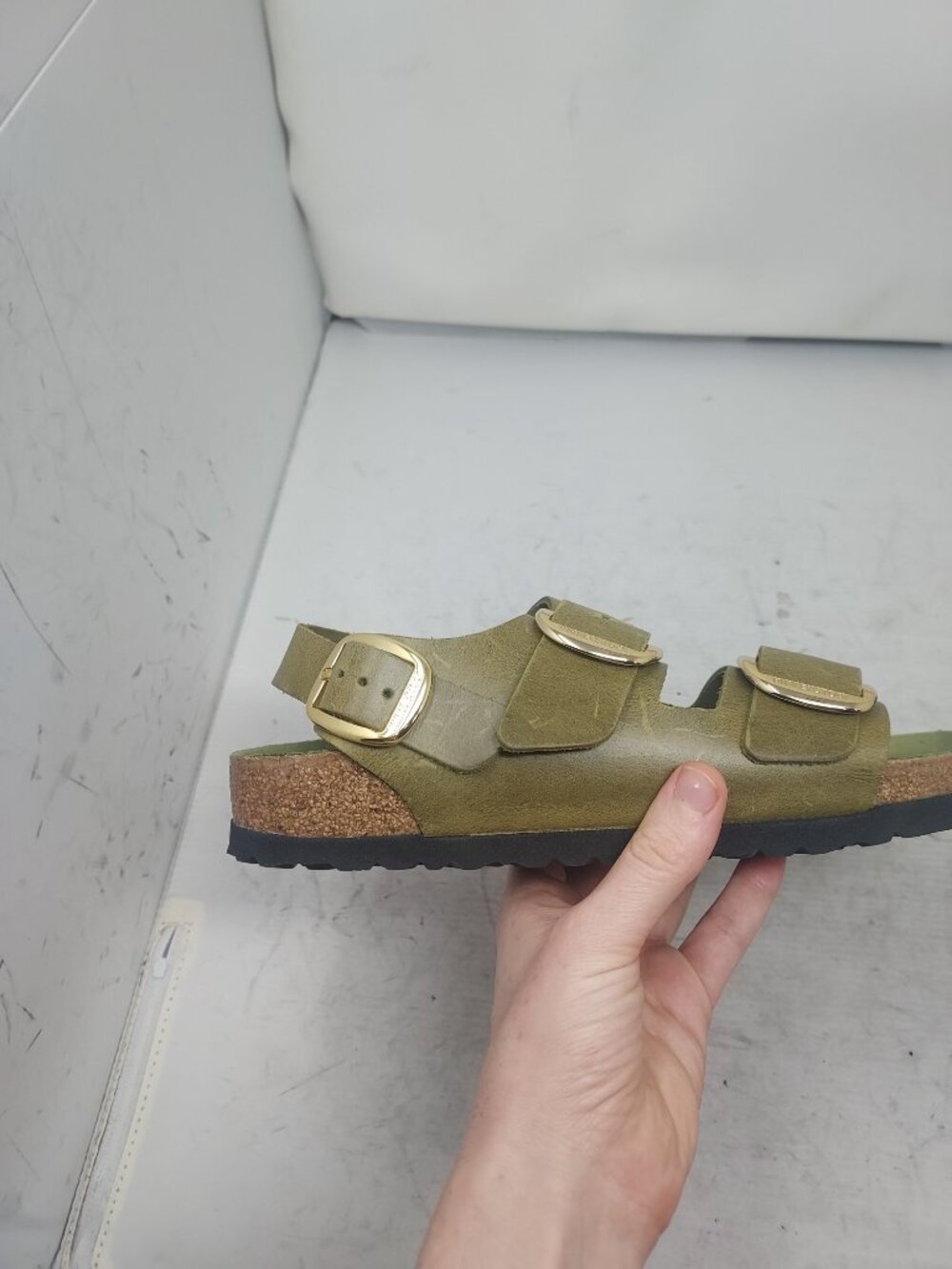 Birkenstock WOMENS Olive Green Milano Big Buckle Patent Sandal - Picture 3 of 9